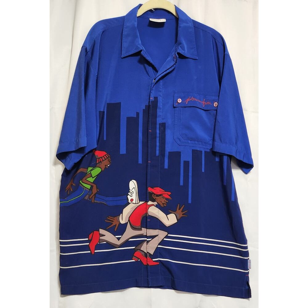 FUBU Platinum Fat Albert Button‎ Up Royal Blue Mens Shirt Size XL Vintage
